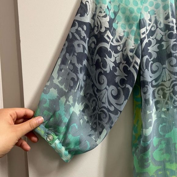 BCX Blue and Green Polka Dot Paisley Semi-Sheer Front Tie Blouse Size Small - Picture 5 of 6